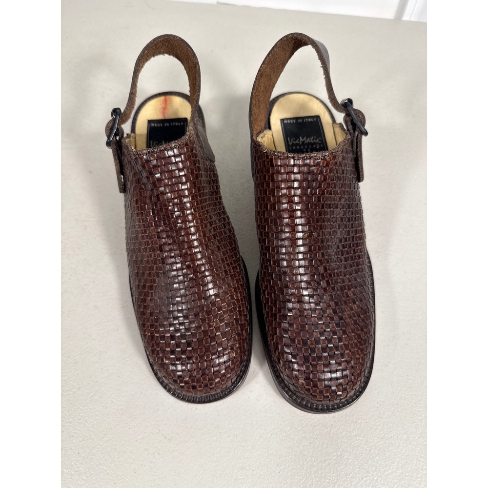 Vic Matie Woven Leather Slingback Mules Brown Block Heel Made in Italy 37